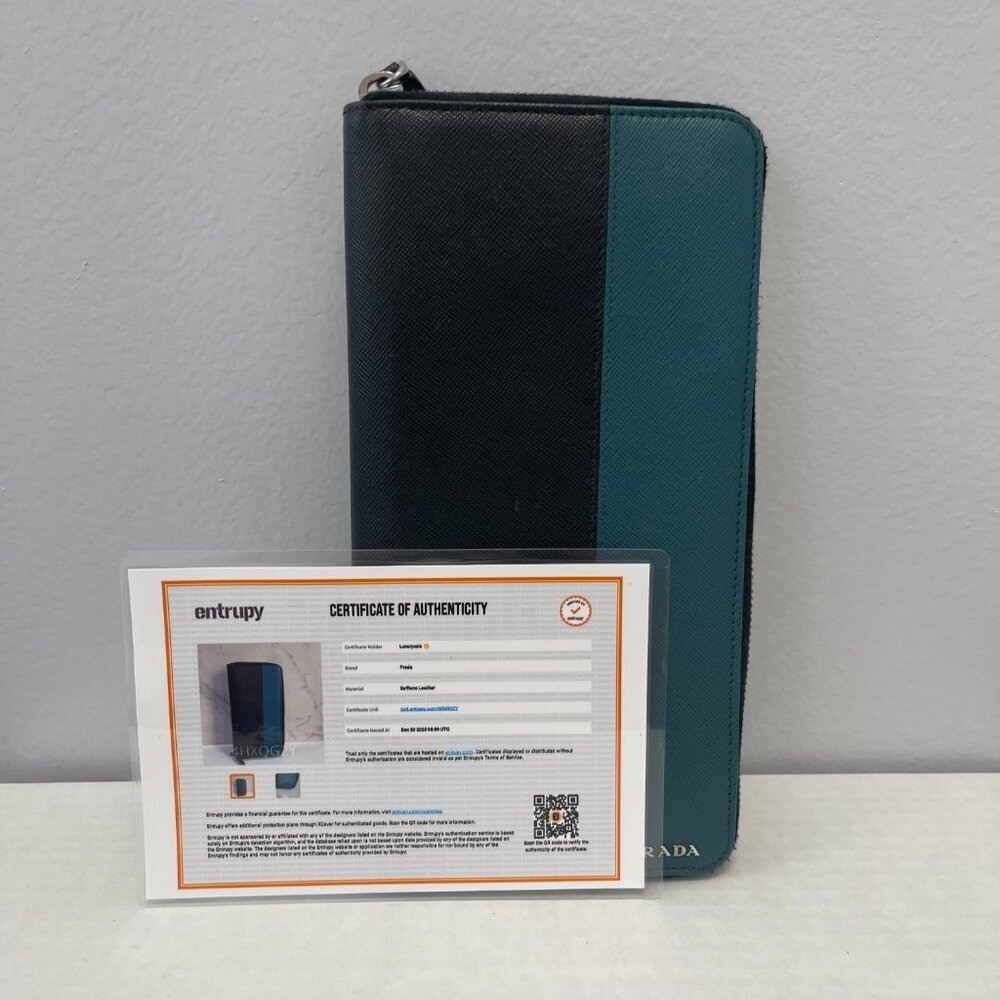 Prada Saffiano Leather Organizer Zippy Wallet in Black and Turquoise - Preowned - Picture 5 of 13